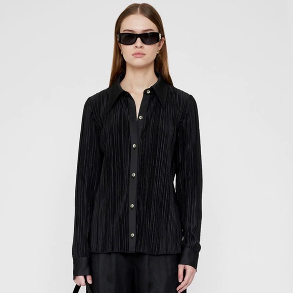 NWT Anine Bing Black Plissé Effect Button Up Shirt - Picture 2 of 9